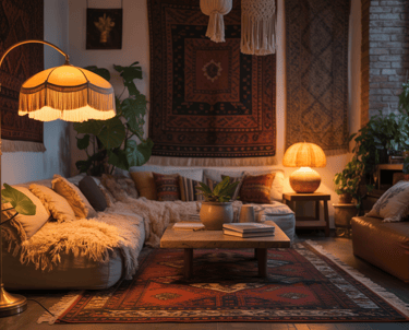 Living room showing layered lighting sources placed around seating, warm tones enhancing comfort.