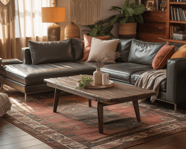 Bohemian living room with mixed wood tones, modern sofa paired with vintage table, furniture feels g