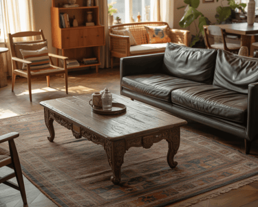 Bohemian living room with mixed wood tones, modern sofa paired with vintage table, furniture feels g