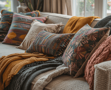 Window area framed with lightweight curtains and nearby plants, softness emphasized.