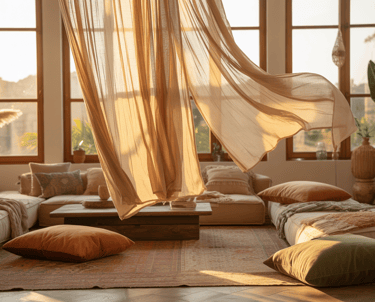 Window area framed with lightweight curtains and nearby plants, softness emphasized.