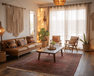 Calm bohemian space where empty wall space and flexible layout feel intentional, room reflects ongoi