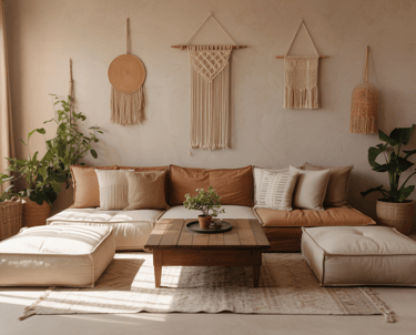 Calm bohemian space where empty wall space and flexible layout feel intentional, room reflects ongoi