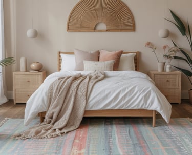 Neutral Bedroom With Pastel Rug Accent