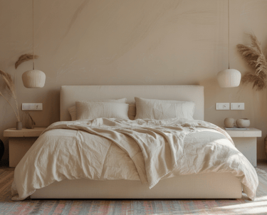 Neutral Bedroom With Pastel Rug Accent
