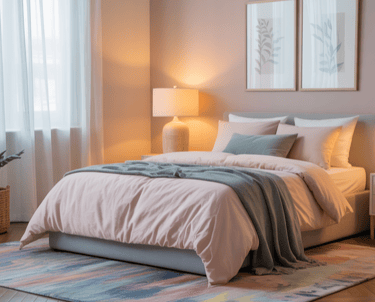 A peaceful bedroom morning scene with soft lighting, a pastel rug beneath the bed, and uncluttered d