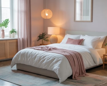 A peaceful bedroom morning scene with soft lighting, a pastel rug beneath the bed, and uncluttered