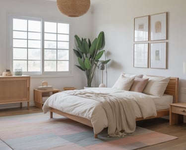 A bedroom scene showing natural light reflecting off a light pastel.