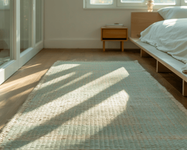 A serene bedroom interior bathed in soft natural sunlight streaming through large windows. 