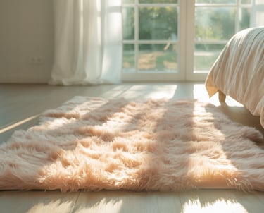 A serene bedroom interior bathed in soft natural sunlight streaming through large windows. 