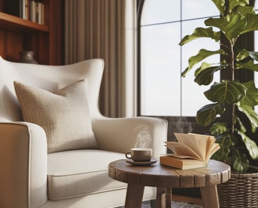 A cozy cottage-style reading nook with layered cushions, warm wood tones, and soft lighting, feeling