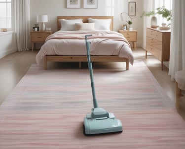 A light blue upright vacuum cleaner cleaning a pink patterned area rug in a modern minimalist bedroom.