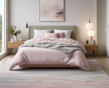 Modern minimalist bedroom featuring a pink duvet, neutral area rug, and sleek wooden nightstands.