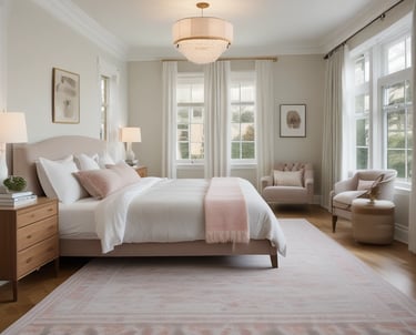 Elegant master bedroom featuring a neutral upholstered bed, pink accents, and a crystal chandelier.