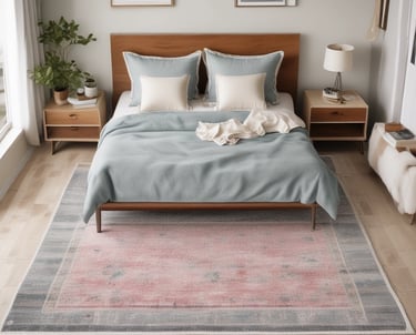 Modern bedroom with a pink and grey area rug under a wooden bed frame and blue bedding.