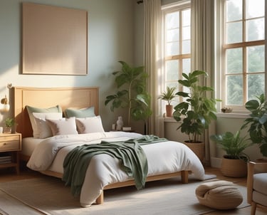 Modern minimalist bedroom decor featuring a wooden bed frame, neutral linens, and lush green indoor plants.
