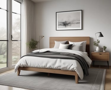 Modern minimalist bedroom featuring a natural wood bed frame, neutral bedding, and a large window.