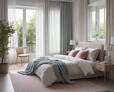 Modern bedroom with neutral decor, pink rug, and sage green throw blanket near large windows.