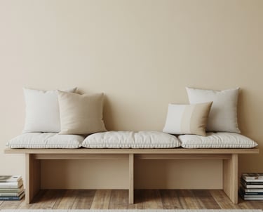 A simple bench placed along a wall with cushions, a small stack of books beside it, clean surroundin