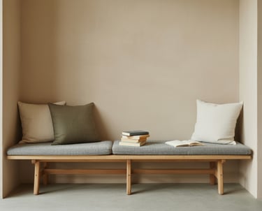 A simple bench placed along a wall with cushions, a small stack of books beside it, clean surroundin