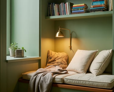 A single inviting reading bench nook placed in an overlooked wall space, soft cushions, stacked book