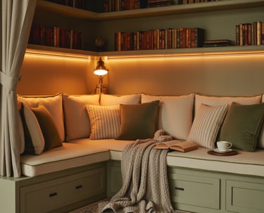 A tucked-away corner nook enclosed by walls on two sides, bench seating, warm lighting, books nearby
