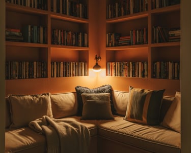 A tucked-away corner nook enclosed by walls on two sides, bench seating, warm lighting, books nearby