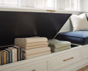 A bench nook with hidden under-seat storage visible, books and blankets neatly stored, room stays op