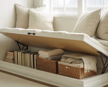 A bench nook with hidden under-seat storage visible, books and blankets neatly stored, room stays op