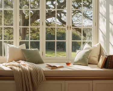 An under-stair reading bench nook with soft lighting, cushions, shelves, making the tucked space fee