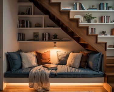 An under-stair reading bench nook with soft lighting, cushions, shelves, making the tucked space fee