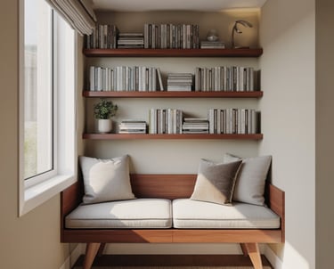A built-in reading bench nook with custom fit under a window, storage drawers beneath, finished look