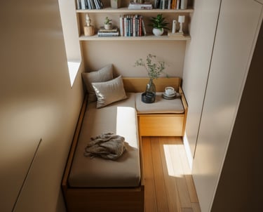 A built-in reading bench nook with custom fit under a window, storage drawers beneath, finished look