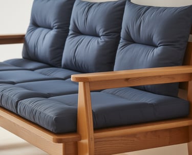 A bench with ideal height and depth, feet resting flat, cushions providing back support, visual focu