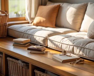 A cozy bench nook with baskets placed nearby holding reading accessories.