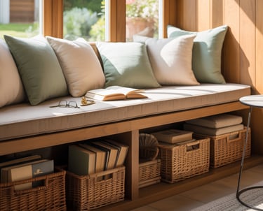 A cozy bench nook with baskets placed nearby holding reading accessories.