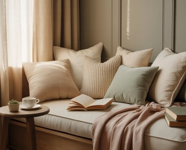 A reading bench nook with a single plant adding warmth and life to the space.