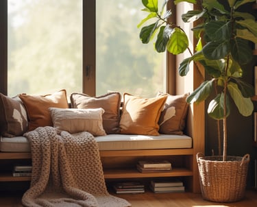 A reading bench nook with a single plant adding warmth and life to the space.