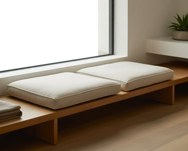 A cozy cottage-style bench nook with wooden bench, layered cushions, warm textures.