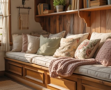A cozy cottage-style bench nook with wooden bench, layered cushions, warm textures.