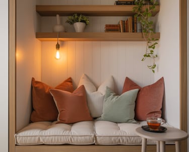 A narrow corner transformed into a bench nook, compact but comfortable.