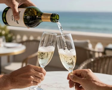 Casal aproveitando resort all inclusive com espumante à beira-mar