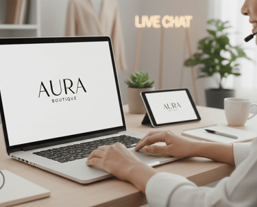 Agente de atención al cliente brindando asistencia por chat en vivo para la tienda en línea Aura