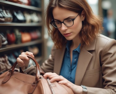 Mujer analizando comprando bolso internacional esperta en estilo stylist para importación a México