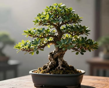 A close-up of a Bonsai tree on a wooden table, perfectly pruned. Soft morning light, very shallow depth of field. Peaceful atmosphere.