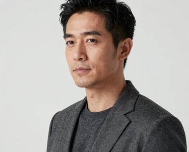 Professional portrait of a man with a serene, strategic look. Minimalist background, high-end photography in charcoal and white tones. Hispanic / Japanese-inspired style.