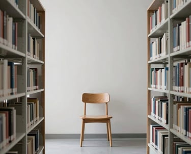 A minimalist library with few books and a single wooden chair. Very quiet and scholarly atmosphere. Light gray and white tones.
