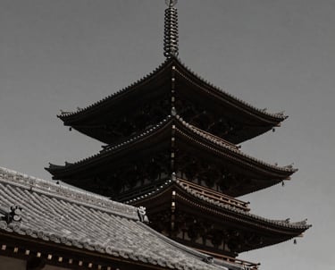 A close-up of a Japanese pagoda roof against a clear, dark gray sky. Architectural precision and history. Muted color palette.