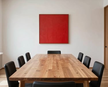 A minimalist meeting room with a long wooden table, black chairs, and a single red painting on the wall. Bright and airy. Hispanic / Japanese-inspired design.