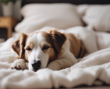 A happy dog playing with a ball in a bright, cozy indoor play area.